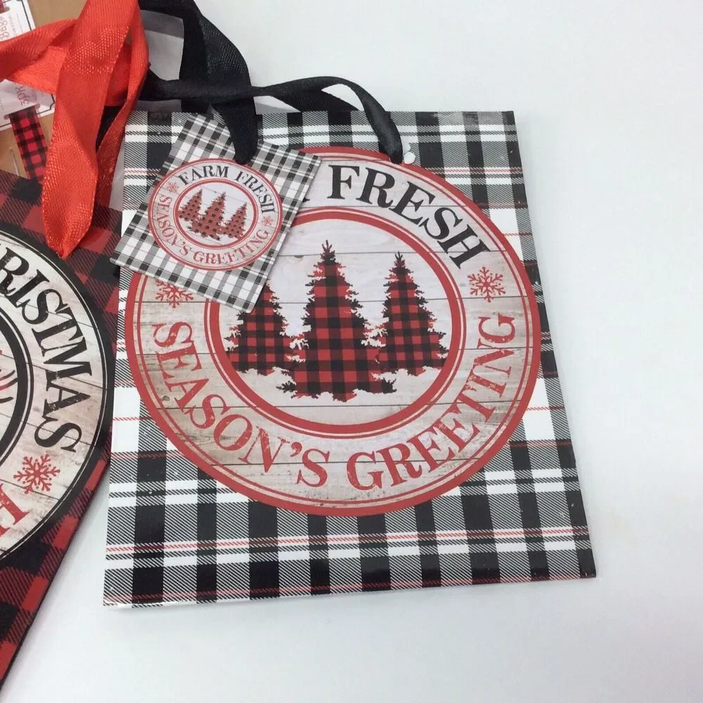 Christmas Gift Bags 7 Piece Set Red/Black Buffalo Check 3 Sizes Ribbon Handles